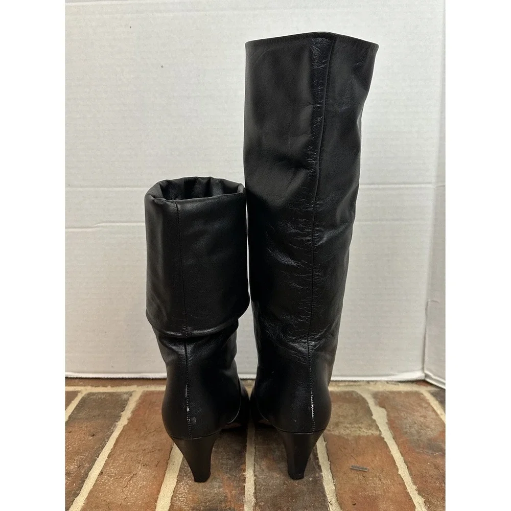 Vintage 80s Joyce Black Leather Boots Mid-Heel Fold Over Knee High Women's 6